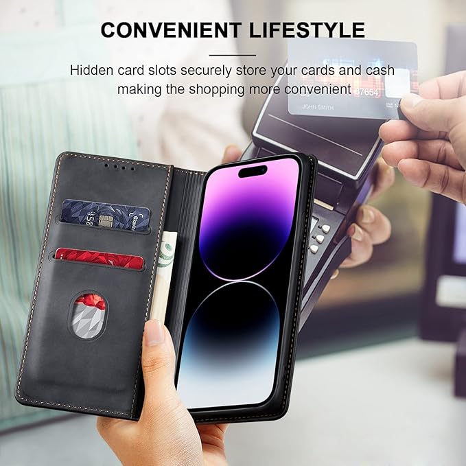 Jasonyu Flip Wallet Case for iPhone 14 Pro Max 5G,Leather Magnetic Folio Cover with Card Holder,Kickstand - TPU Shockproof Durable Protective Phone Case,Black