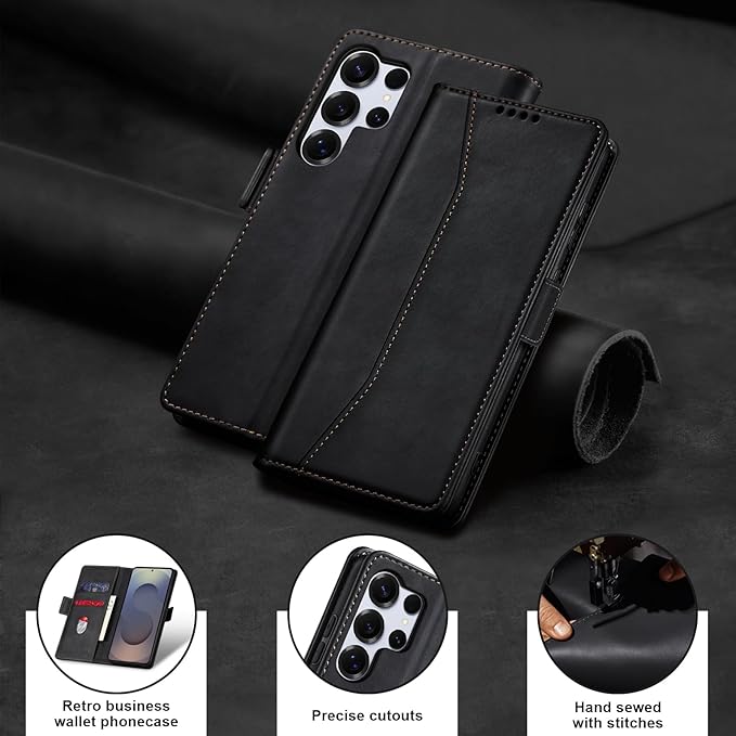 Jasonyu Flip Wallet Case for Samsung Galaxy S25 Ultra 5G,Leather Magnetic Folio Cover with Card Holder,Kickstand - TPU Shockproof Durable Protective Phone Case,Black