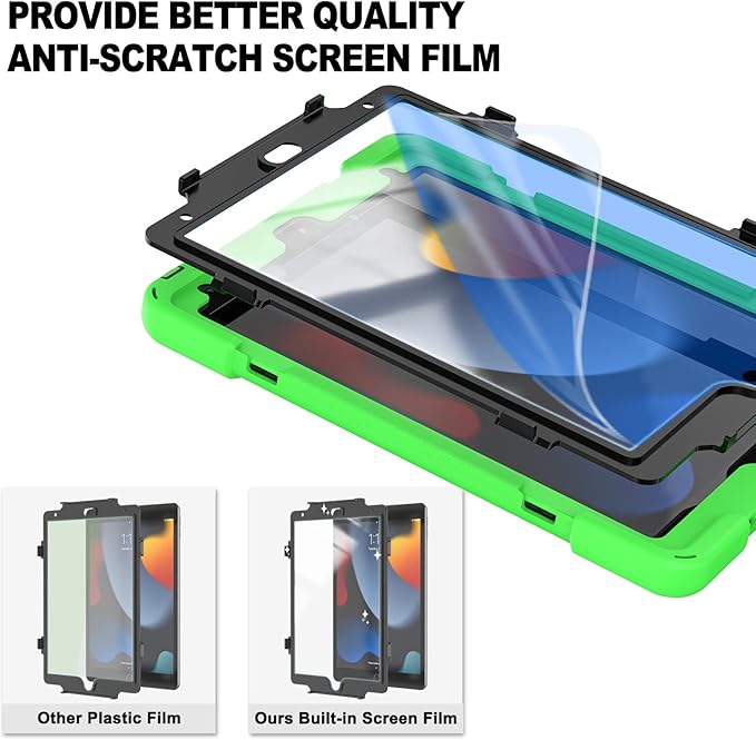BRAECN for iPad 9th/8th/7th Generation Case, iPad 10.2 inch Heavy Duty Rugged Case with Built in Screen Protector, Hand Strap, Swiveling Stand/Shoulder Straps for iPad 10.2 2021/2021/2019-Green