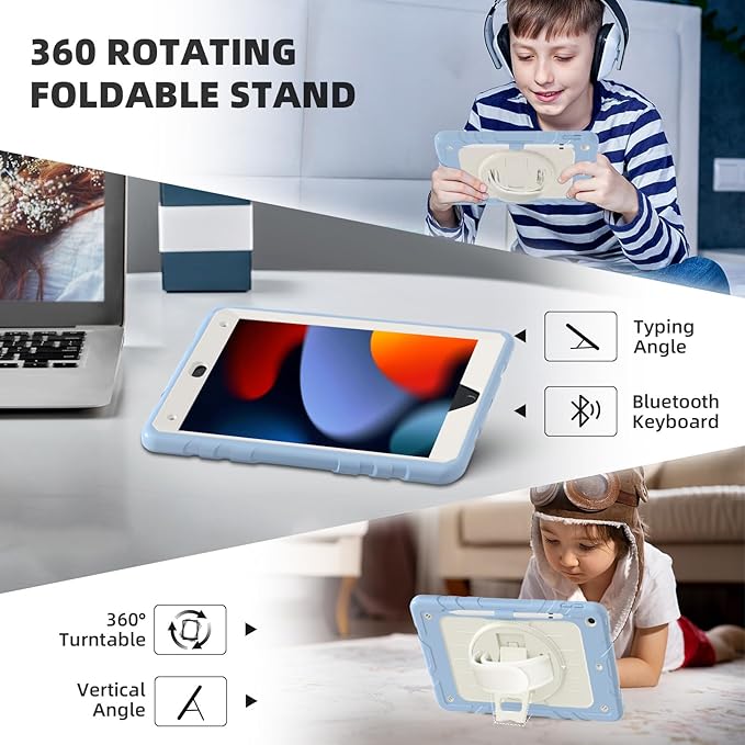 Case for iPad 9th/8th/7th Generation-Built-in Screen Protector,with Pencil Holder&360°Rotating Hand Strap,Shoulder Strap,Case for iPad 10.2 inch 2021-2019(Blue/Beige)