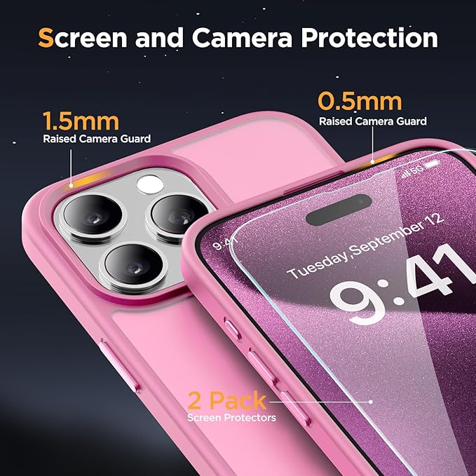 Miracase Magnetic for iPhone 15 Pro Max Case 6.7 inch (Compatible with MagSafe)（with 2X Screen Protectors） Military-Grade Protection, Anti-Fingerprint Translucent Matte Phone Cover, Mes Pink