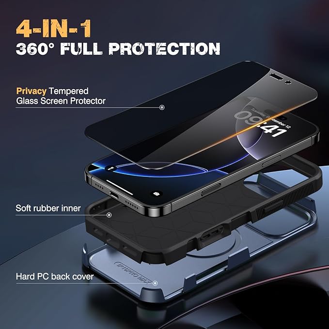 Diaclara Designed for iPhone 16 Pro Max Case, [with Privacy Screen Protector] [Anti Spy] [Military Grade Drop Protection] Heavy Duty Full-Body Shockproof Phone Case, Magnetic Blue