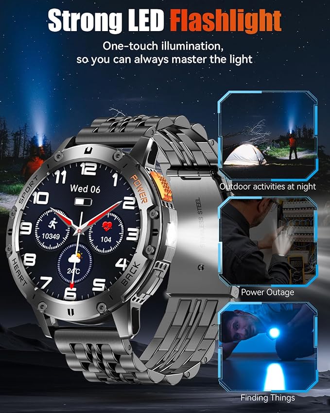 Military Smart Watches for Men with Bluetooth Call, 1.43" AMOLED Waterproof Smartwatch with Flashlight, 111 Sport Modes, 530mAh Heart Rate/SpO2/Sleep Monitor Fitness Tracker for Android iOS