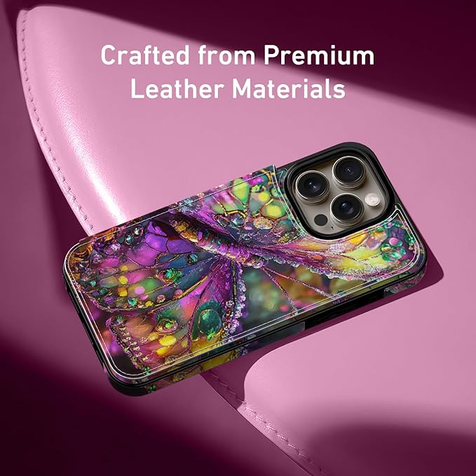FUNMIKO for iPhone 14 Pro Max Wallet Case with Card Holder, RFID-Blocking, Military-Grade Protection & UV-Printed Artwork, Magnetic Closure with Leather Kickstand - Vibrant Elegant Butterfly