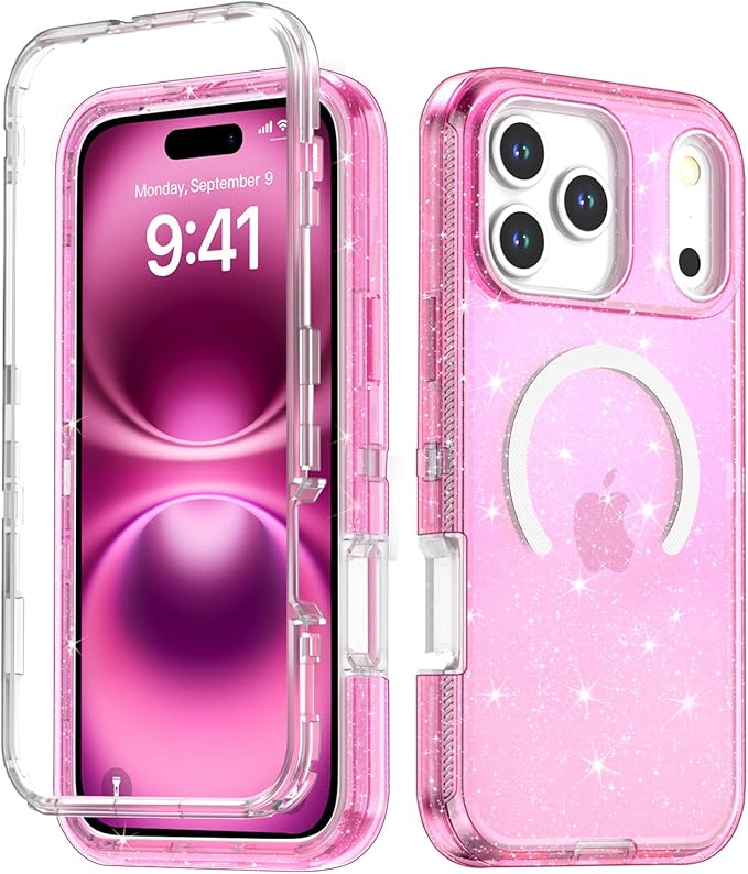 Designed for iPhone 17 Pro Case,[Compatible with Magsafe] [Non-Yellowing] [Without Screen Protector] Shockproof/Dust/Drop Proof 3-Layer Full Body Protection Rugged Heavy Duty Cover, Pink Glitter