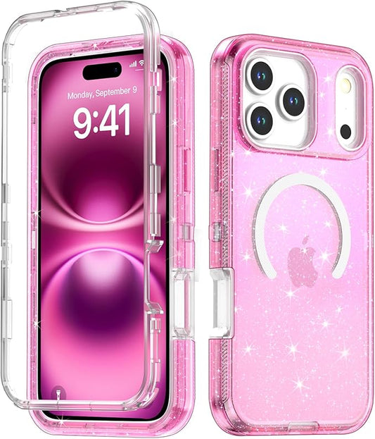 Designed for iPhone 17 Pro Case,[Compatible with Magsafe] [Non-Yellowing] [Without Screen Protector] Shockproof/Dust/Drop Proof 3-Layer Full Body Protection Rugged Heavy Duty Cover, Pink Glitter
