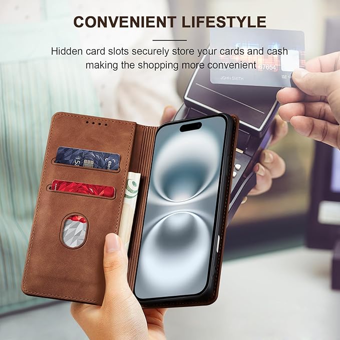 Jasonyu Flip Wallet Case for iPhone 16,Leather Magnetic Folio Cover with Card Holder,Kickstand - TPU Shockproof Durable Protective Phone Case,Brown