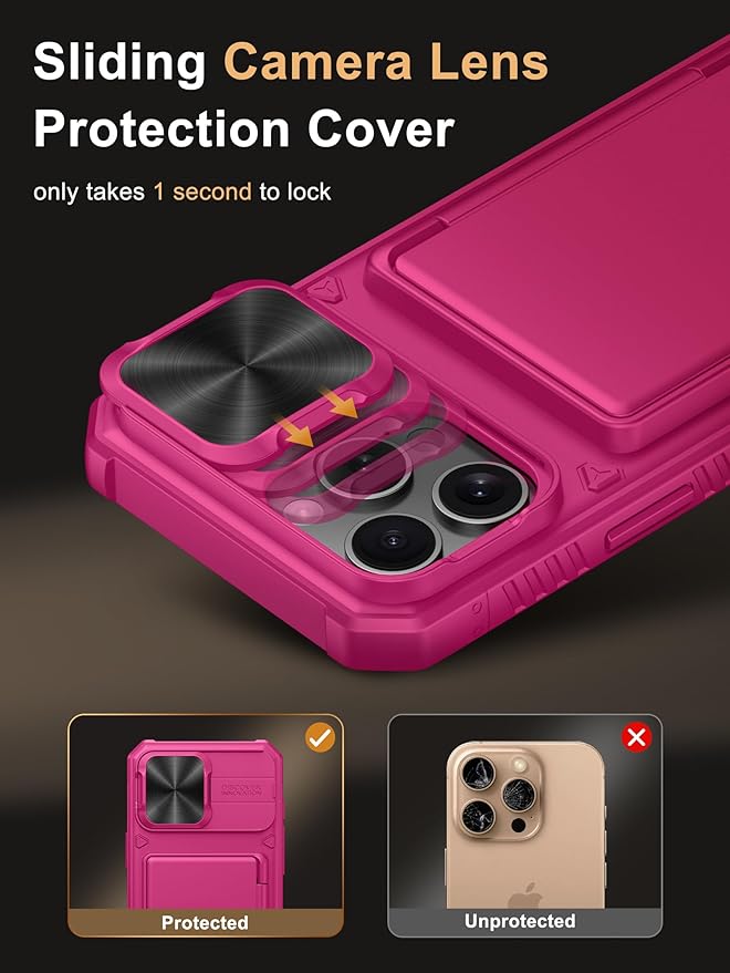 Vihibii for iPhone 16 Pro Max Case Wallet with Card Holder (4 Cards) [RFID Blocking] & Slide Camera Cover & Raised Edges Protect Screen, Shockproof Rugged Cover for iPhone 16 Pro Max, 6.9", Pink