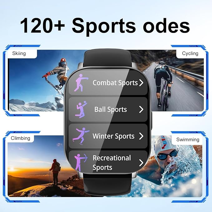 Smart Watch for Men and Women, 2.01-inch HD Touch Screen, 120+ Sports Modes/IP67 Waterproof/Heart Rate/Sleep Monitoring (Answer/Make Calls), for Android/iOS (Black)