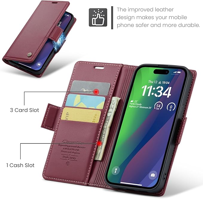 for iPhone 15 Case, Premium PU Leather Wallet Case Flip Cover with [RFID Blocking][Card Holder][Stand Function] Shockproof Protective for iPhone 15 Case, Red