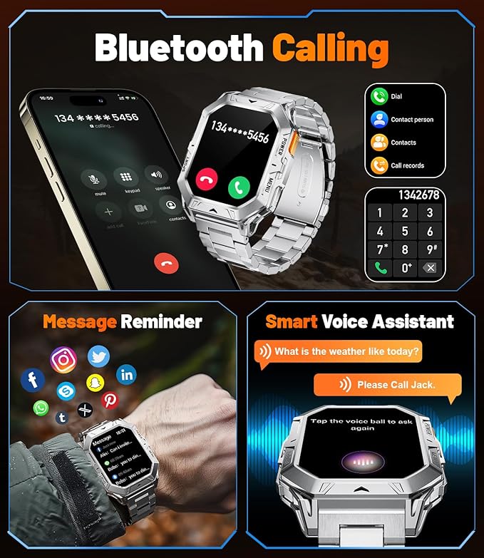 LIGE Military Smart Watches for Men(Answer/Make Calls),100-Day Battery Life,2.13" AMOLED Outdoor Sports Smartwatch with Compass,Heart Rate/Sleep Monitor Fitness Tracker for Android iOS,Sliver