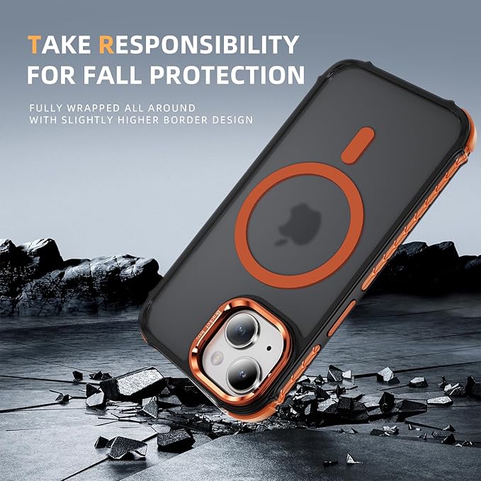 Magnetic for iPhone 14 Case/iPhone 13 Case Orange with MagSafe Wireless Charging Military-Grade Shockproof Protection Adjustable Kickstand Slim Matte Anti-Fingerprint Cover Men Women