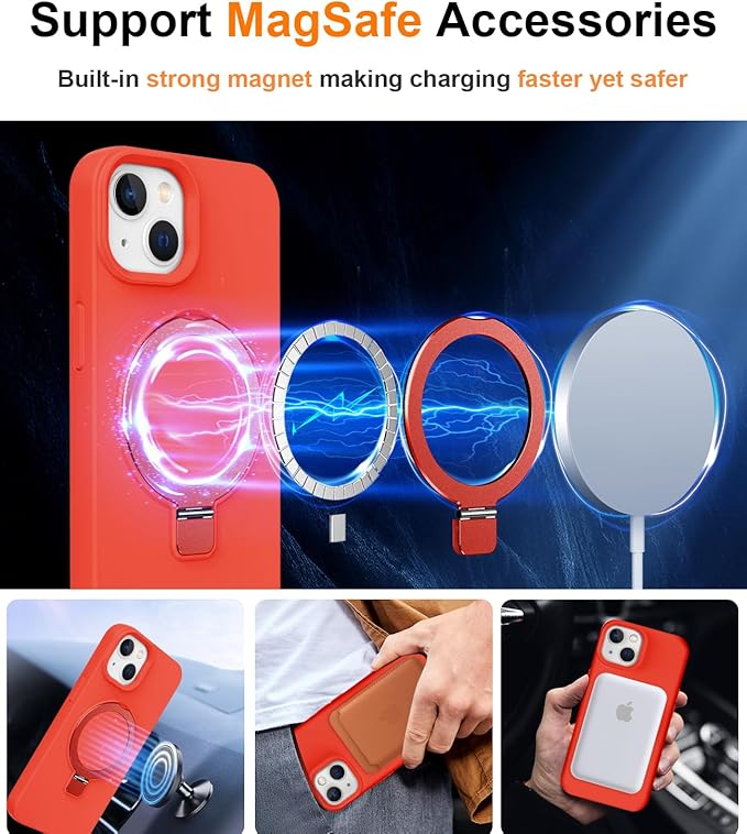 ZHK Liquid Silicone Designed for iPhone 15 Case with Magnet Stand, [Mil-Grade Drop Shockproof][Soft Anti-Scratch Microfiber Lining] Slim Fit Cover, Red