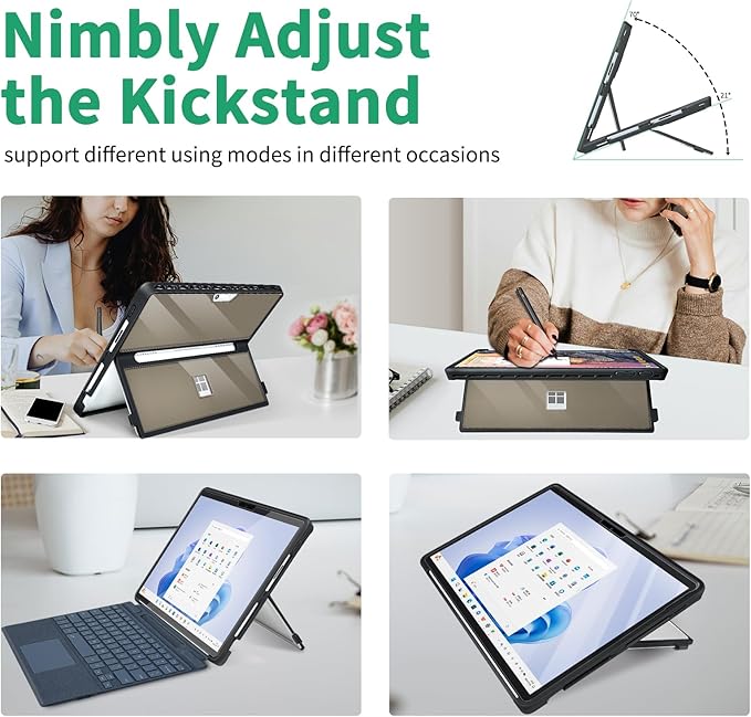 Case Updated Version fit Microsoft Surface Pro 11/10/9/8 13-Inch, All-in-one Rugged Case Compatible with Type Cover Keyboards, Transparent Black