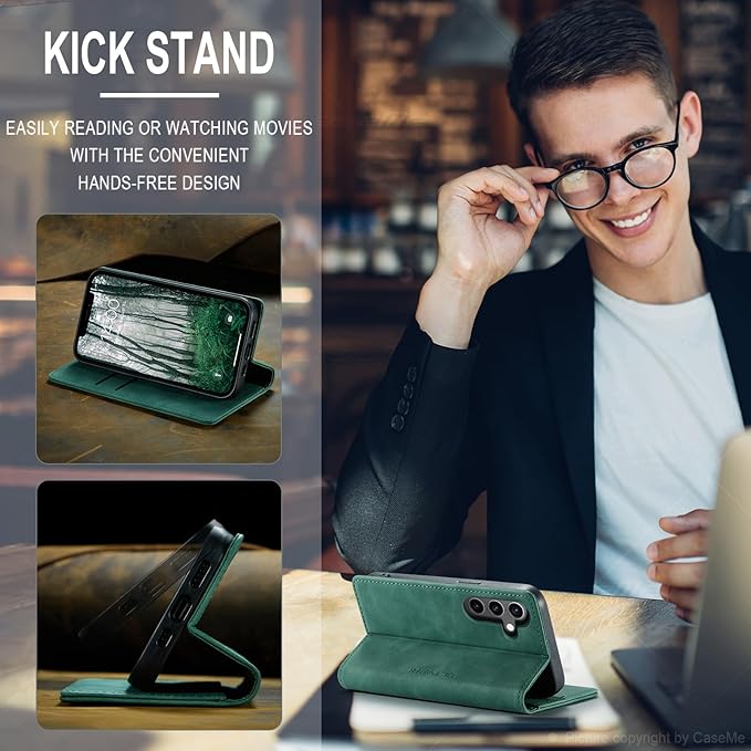 QLTYPRI Case for Samsung Galaxy S24, Vintage PU Leather Wallet Case Card Slot Kickstand Magnetic Closure Shockproof Flip Folio Case Cover for Samsung Galaxy S24 - Dark Green