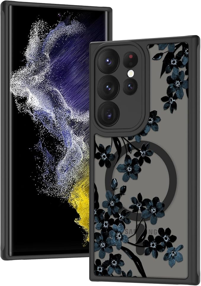 Fiyart Designed for Samsung Galaxy S22 Ultra Case Matte Flowers Design Compatible with MagSafe Wireless Charging,Cute Floral Anti-Scratch Translucent Phone Cover for Women Girls 6.8"-Black