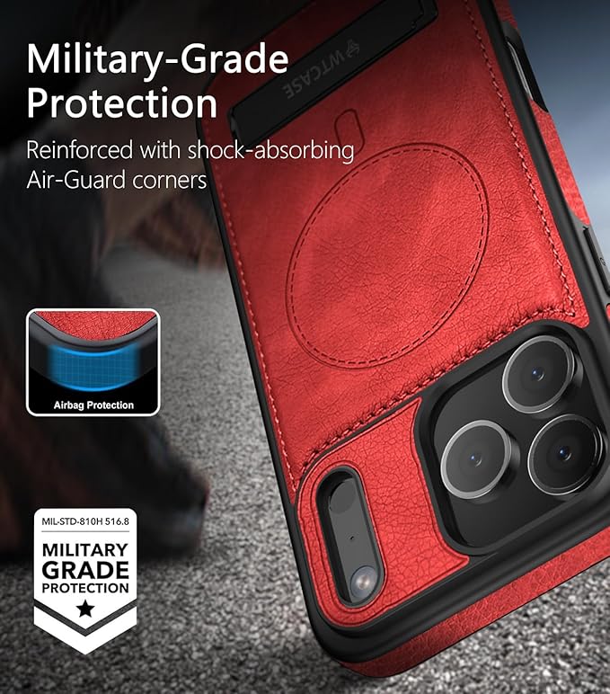 Magnetic for iPhone 17 Pro Max Leather Case,Built-in Invisible Stand [Compatible with Magsafe] Protective Slim Kickstand Phone Cover for iPhone 17 Pro Max,Red