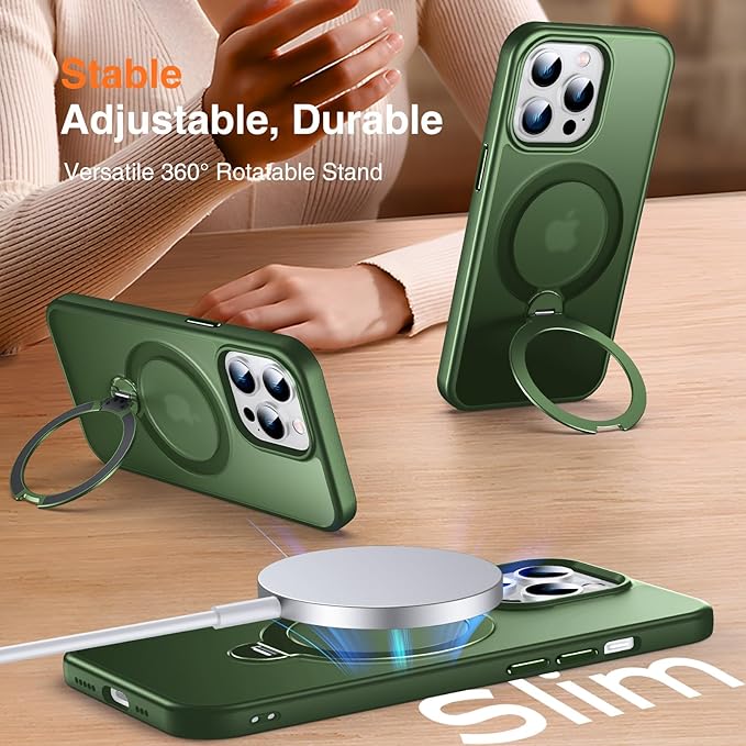 360° O-Ring MagStander for iPhone 14 Pro Case with Magnetic Kickstand Ring Holder [Compatible with MagSafe][360°Rotate Stand Ring][Military Shockproof] iPhone 14 Pro Phone Cover Matte Green