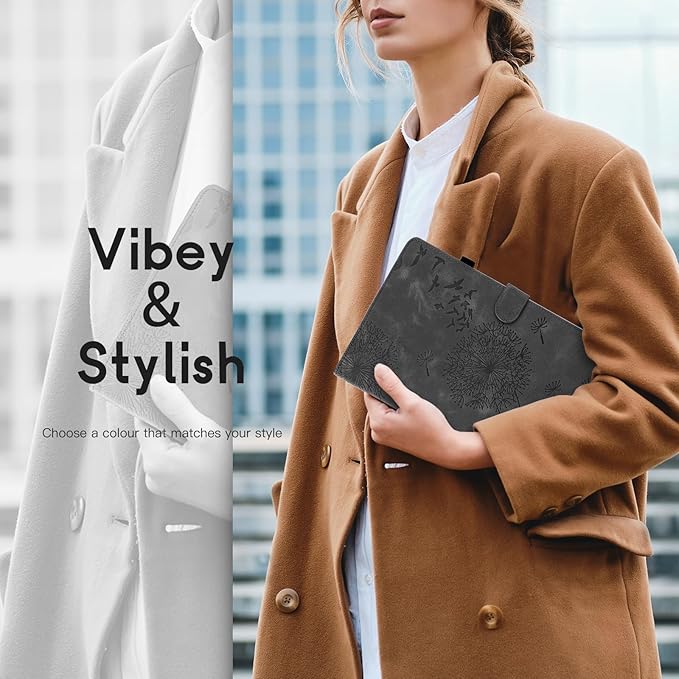 Dandelion Cover for Galaxy Tab A9 Plus Case (SM-X210/X216/X218, 11 Inch 5G), Artsy Design, Premium Faux Leather Made, Card Slots, Kickstand, Black