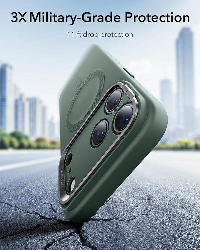 ESR Silicone Case for iPhone 17 Pro Max, Built-in Camera Stash Stand Compatible with MagSafe, Military-Grade Drop Protection Magnetic Phone Case for iPhone 17 Pro Max, Cloud Series, Olive Green