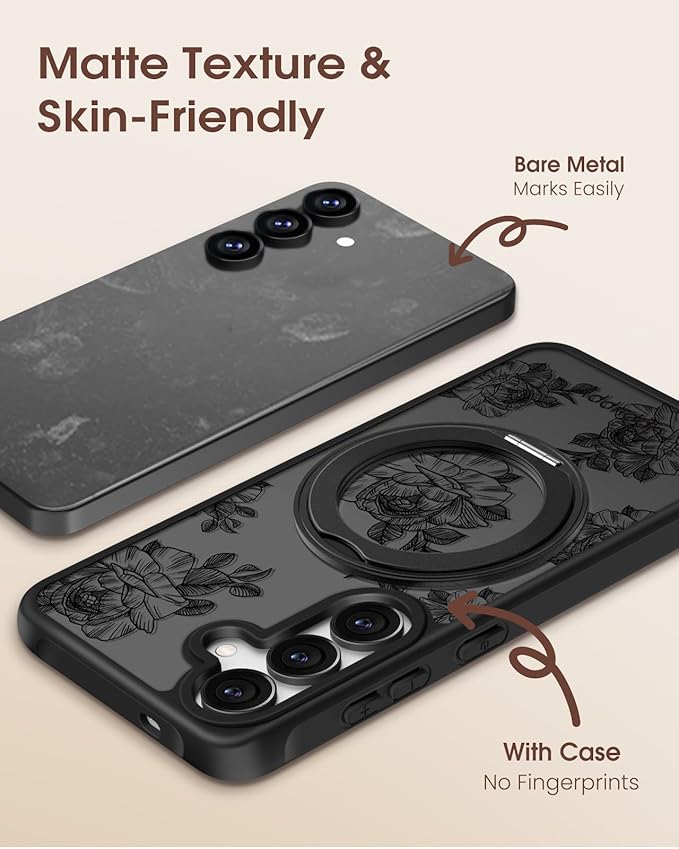 for Samsung Galaxy S25 Case with 360° Rotatable Magnetic Ring - Compatible with MagSafe, Semi-Transparent Soft-Touch Material Shockproof, Cute Line Art Flower Design for Women Girl