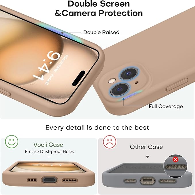 Vooii Compatible with iPhone 15 Plus Case, Upgrade Liquid Silicone [Enhanced Camera Protection] [Soft Anti-Scratch Microfiber Lining] Shockproof Phone Case for iPhone 15 Plus 6.7 inch - Light Brown