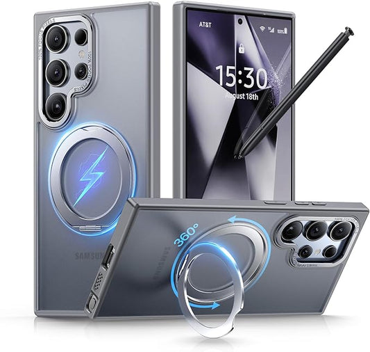 QTlier for Samsung Galaxy S24 Ultra Case, 360° Rotatable Magnetic Ring Stand Case, [Military-Grade Protection] [Raised Camera Frame] Case for Samsung Galaxy S24 Ultra, Matte Translucent Grey