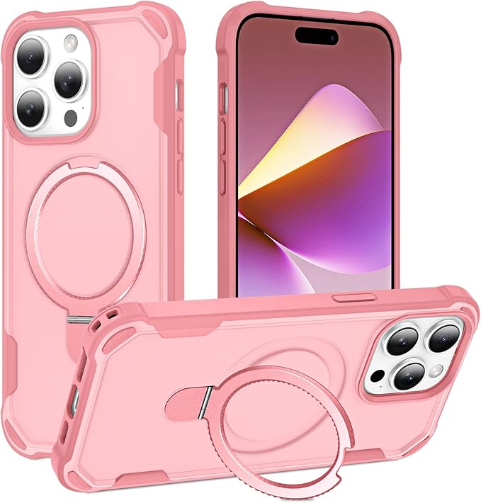 Compatible with iPhone 14 Pro Case with Invisible Magnetic Ring Stand [Compatible with Magnetic] [Military Drop Protection] Shockproof Slim Hard Back Soft Edge Case 6.1 Inch, Pink
