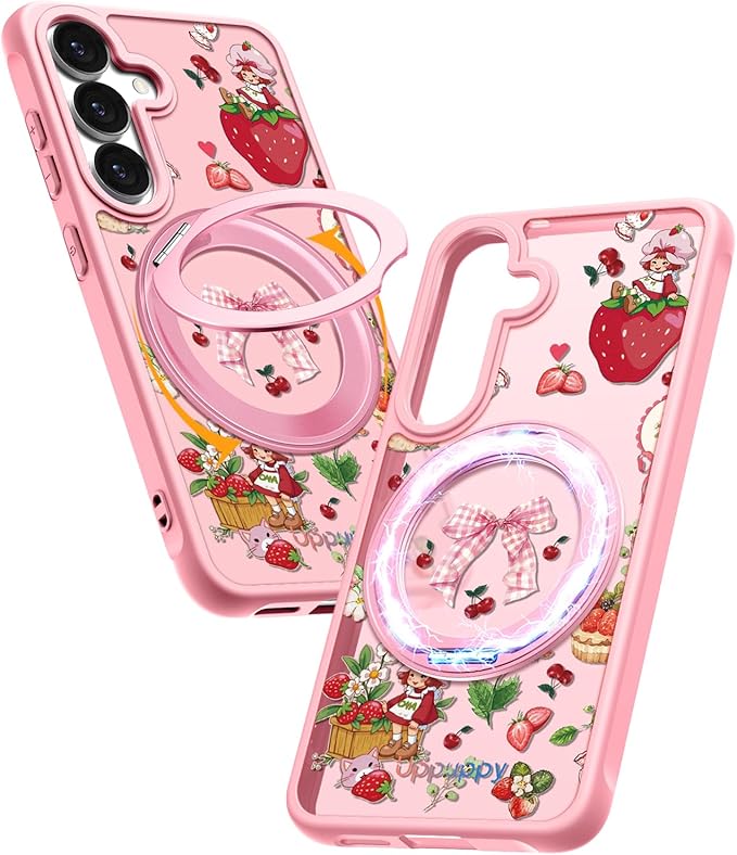 for Samsung Galaxy S25 Case with 360° Rotatable Magnetic Ring - Compatible with MagSafe, Semi-Transparent Soft-Touch Material Shockproof, Cute Pink Strawberry Design for Women Girl