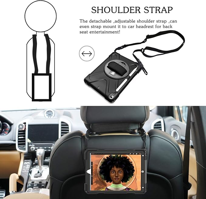 BRAECN for iPad Air 3 10.5 Case 2019,iPad Pro 10.5 Case 2017- Heavy Duty Shockproof Case Cover with Pencil Holder,Rotating Stand/Hand Strap,Carrying Shoulder Strap Fit iPad Air 3rd Gen 10.5-Black