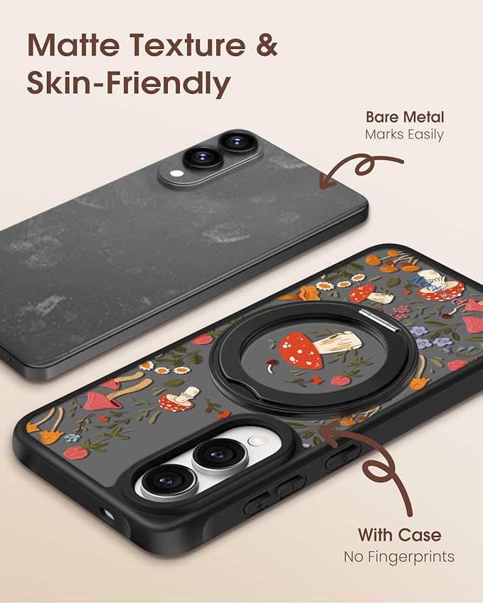 for Samsung Galaxy S25 Edge Case with 360° Rotatable Magnetic Ring - Compatible with MagSafe, Semi-Transparent Soft-Touch Material Shockproof, Cute Mushroom Design for Women Girl