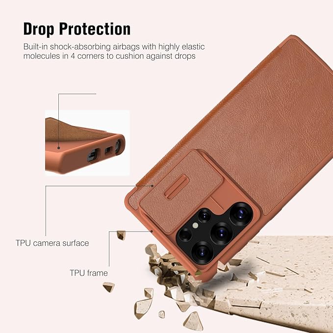 Nillkin for Samsung Galaxy S25 Ultra Wallet Case with Camera Cover, [Lens Protection] Premium Leather Slim Protective Shockproof Hard Cover Flip Phone Case for Galaxy S25 Ultra 6.9'' Brown