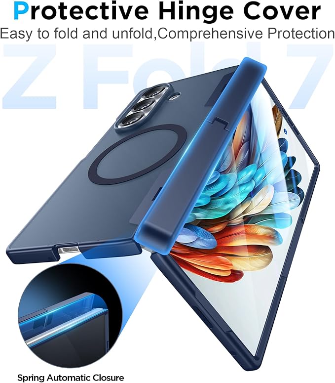 Temdan Magnetic for Samsung Galaxy Z Fold 7 Case,[Compatible with MagSafe][Built-in HD Screen Protector&Invisible Kickstand][Hinge Protection]Translucent Matte Shockproof Phone Case for Z Fold 7,Blue