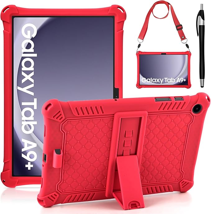DETUOSI Compatible with Samsung Galaxy Tab A9 Plus Case 11 inch 2023, with Shoulder Strap & Stylus Pen, Soft Silicone Multi-Angle Case for Galaxy Tab A9+ Tablet SM-X210/X216/X218, Red