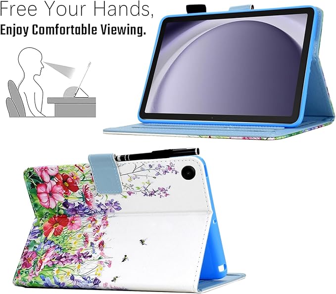 KEROM Case for Samsung Galaxy Tab A9+ Plus 11 Inch 2024 2023 (SM-X210/X216/X218), Slim PU Leather Stand Case Protective Cover for Galaxy Tab A9+/A9 Plus Tablet, Auto Wake/Sleep - Floral