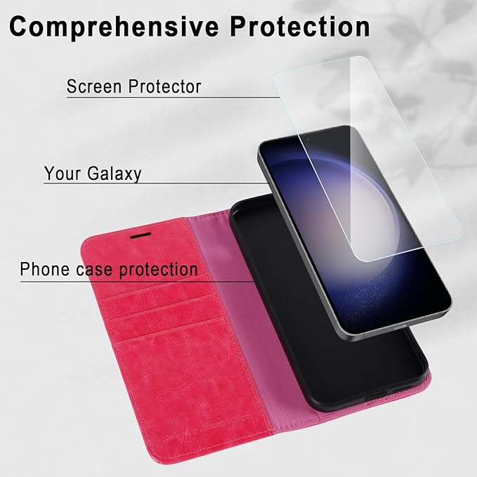 MONASAY Wallet Case Compatible for Galaxy S23+Plus 5G,[RFID Blocking] Flip Folio Leather Cell Phone Cover with Credit Card Holder，6.6 inch, Hot-Pink