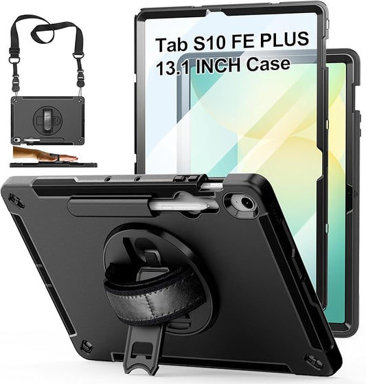 Case for Galaxy Tab S10 FE Plus 13.1" 2025: TPU Cover for Samsung Tablet S10 FE Plus/+ 13.1 Inch with Screen Protector- Stand- Handle-Shoulder Strap-S-Pen Holder-Black+Black