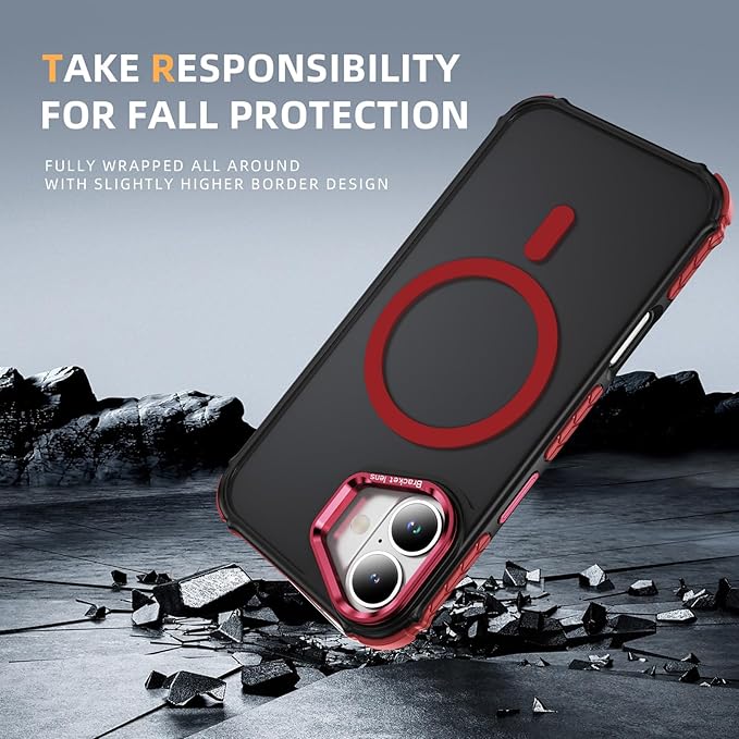 Magnetic for iPhone 16 Case Red with MagSafe Wireless Charging Heavy Duty Military-Grade Shockproof Protection Adjustable Kickstand Slim Matte Anti-Fingerprint Cover Men Women
