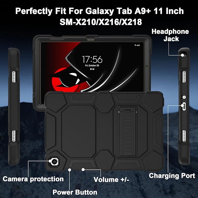 CCMAO Case for Samsung Galaxy Tab A9+/A9 Plus 11" 2024 Model (SM-X210/X216/X218), Complete Protection Heavy Duty Shockproof Rugged Protective Case for Kids Boys Girls, Black