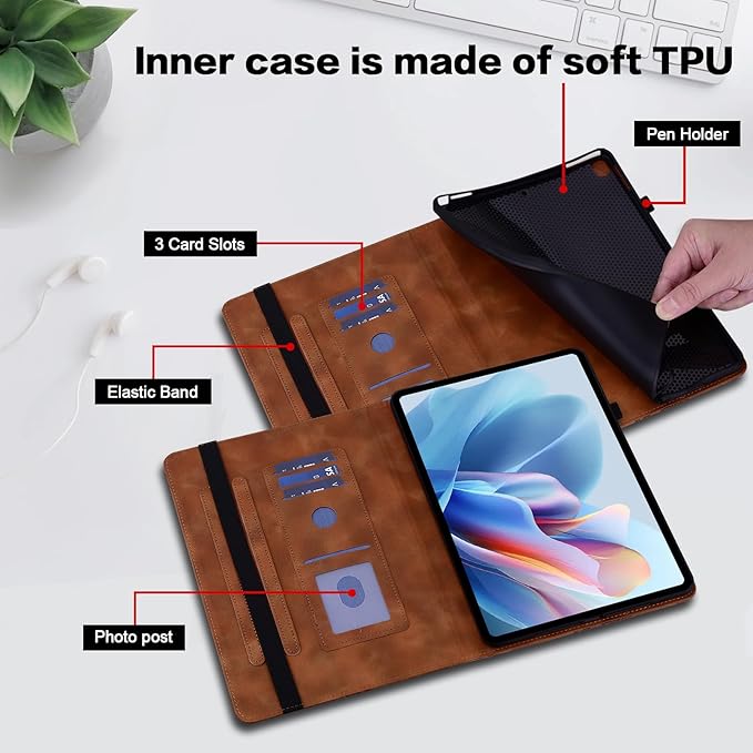 Case for Lenovo Tab M9 Cover 9.0 inch (TB-310FU,2023 Released), Embossed Premium PU Leather Flip Stand Case with Elastic Band/Card Slots/Pen Holder for Lenovo Tab M9 Tablet - Brown