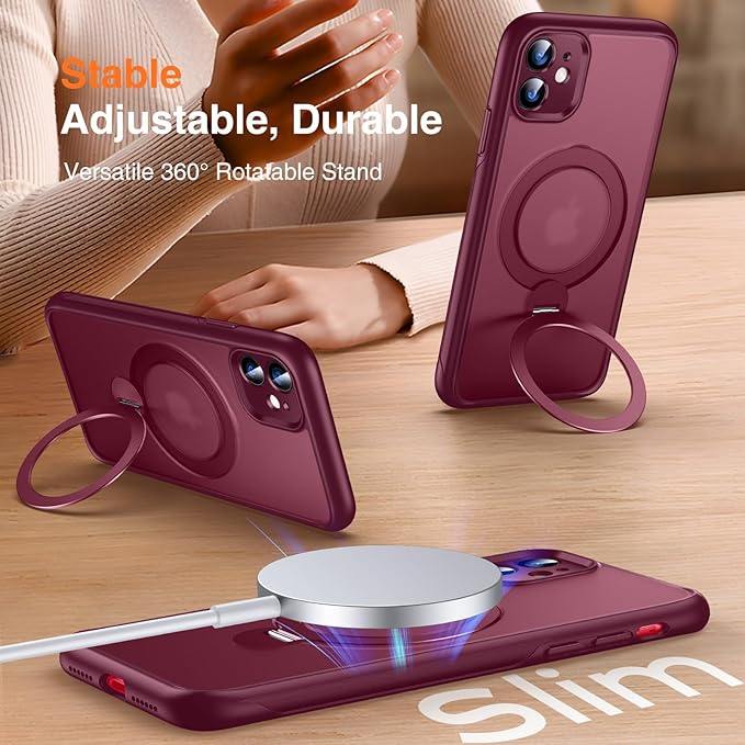 360° O-Ring MagStander for iPhone 11 Case with Magnetic Kickstand Ring Holder [Compatible with MagSafe][360°Rotate Stand Ring][Military Shockproof] Magnet iPhone 11 Phone Cover Burgundy