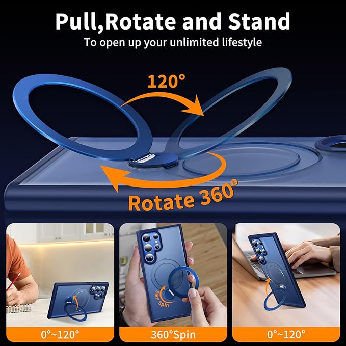 for Samsung Galaxy S24 Ultra Case,Compatible with Magsafe [Wireless Charging],with 360°Rotatable Magnetic Ring Stand,Matte Translucent Slim Soft Edge Phone Kickstand,Blue