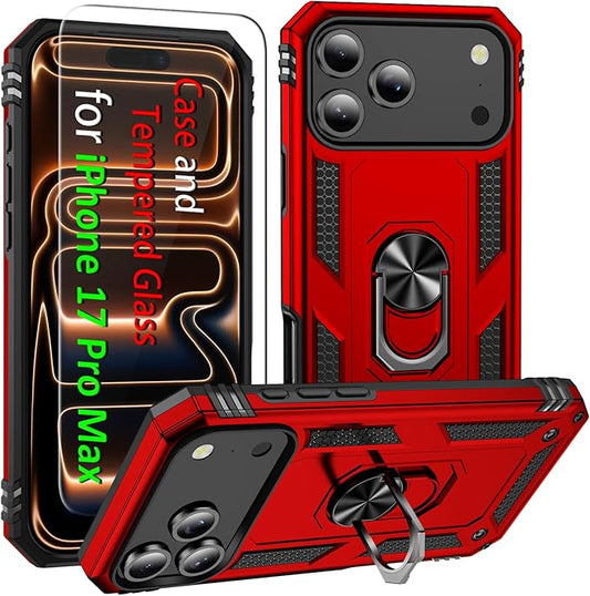 ADDIT Compatible with iPhone 17 Pro Max Case with Tempered Glass Screen Protector, Adjustable Kickstand Ring, Military-Grade Heavy Duty Protection, Shockproof, Anti-Fingerprint,Red