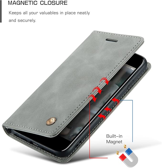 QLTYPRI Case for iPhone 16e, Vintage PU Leather Wallet Case Card Slot Kickstand Magnetic Closure Shockproof Flip Folio Cover for iPhone 16e - Grey