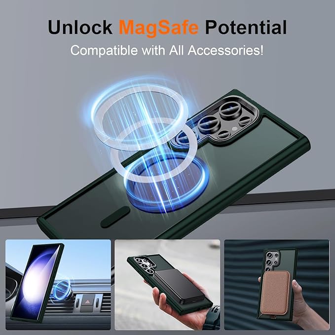 Magnetic for Samsung Galaxy S24 Ultra Case,[Compatible with Magsafe][Military Grade Shockproof][Slim&Tough] Translucent Matte Feeling Protective S24 Ultra Case, Green