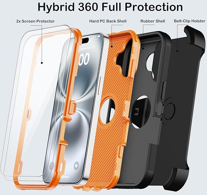 for iPhone 16 Case with 2 Screen Protectors,Heavy Duty Shockproof Drop Protection Military Grade Tri-Layer Rugged Cell Phone Cover with Belt Clip Holster & Kickstand for Apple 16 6.3“ Black Orange