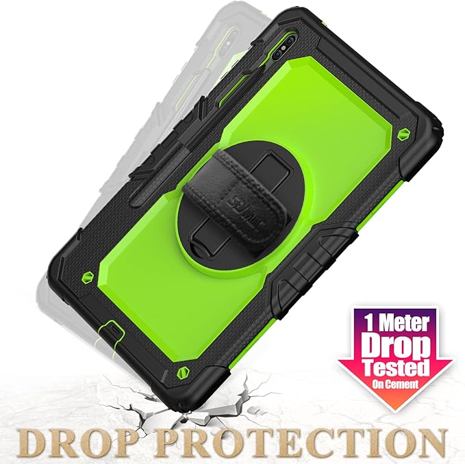 SEYMAC stock Case for Samsung Galaxy Tab S7 FE / S8 Plus 5G Case 12.4'' with Screen Protector Pencil Holder [360 Rotating Hand Strap] &Stand, Drop-Proof, Green/Black