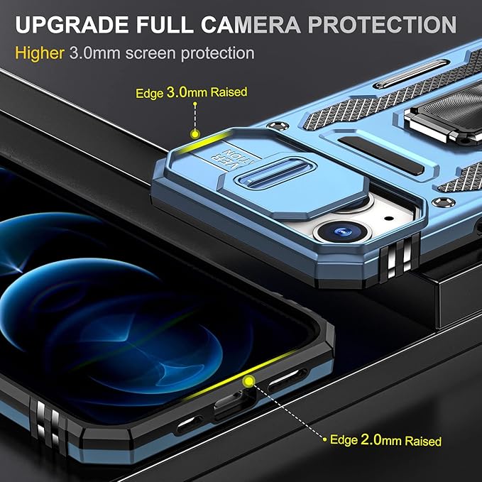 Phone Case for iPhone 14 Plus Case with Camera Lens Cover, with Ring Holder Kickstand, fit Magnetic Car Mount, for iPhone 14 Plus (Light Blue)