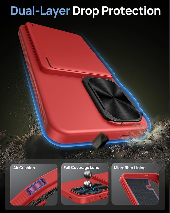 for Samsung Galaxy S25 Case with Card Holder, Built-in Stand & Camera Lens Cover, Shockproof Rugged Silicone Raised Edge Protective Wallet Protective Phone Case for Samsung S25 5G 2025, Red