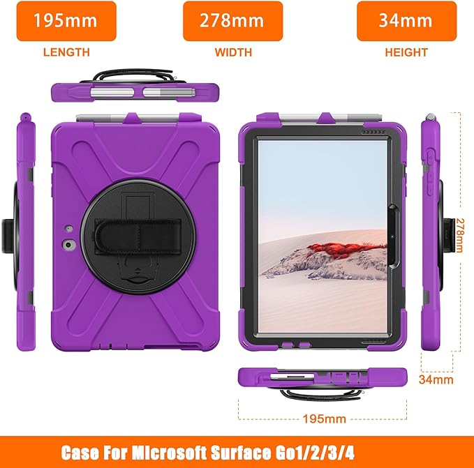 ZenRich Rugged Case for Surface Go 4 (2023)/Surface Go 3 (2021)/ Surface Go 2 (2020), Surface Go (2018) with Pen Holder Heavy Duty Shockproof Case with Stand Hand Strap and Shoulder Belt-Purple